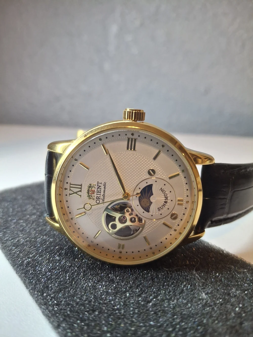 Orient Men’s Gold Case Black Leather Watch with White Dial